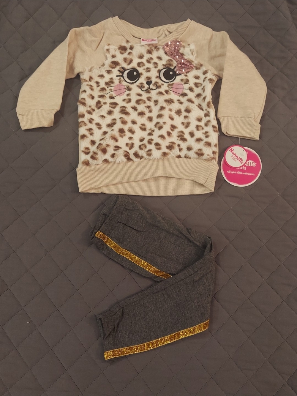 Nannette Kids Beige Leopard Print Top & Gray Leggings Set with Gold Trim